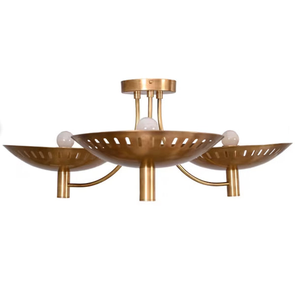 3 Light Slitz Curved Dome Style Raw Brass Chandelier