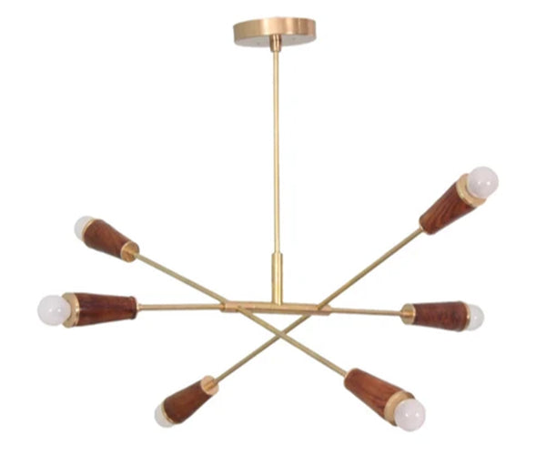 6 Light Wood Raw Brass Sputnik chandelier light