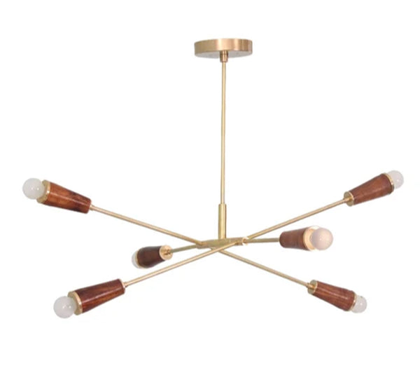 6 Light Wood Raw Brass Sputnik chandelier light