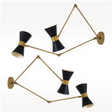 Double Articulated Brass Wall Sconce, Midcentury Style Solid Brass Black Shades Lamp