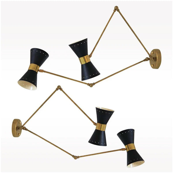 Double Articulated Brass Wall Sconce, Midcentury Style Solid Brass Black Shades Lamp
