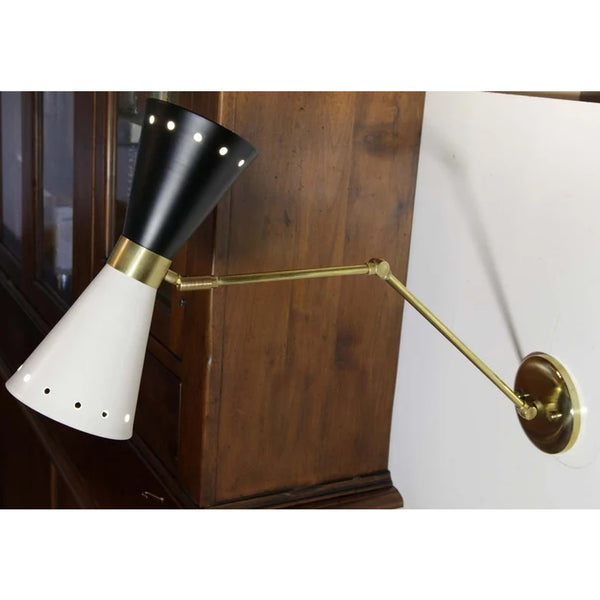 Cono Articulated Sconce Midcentury Stilnovo Style Solid Brass Black White Shade