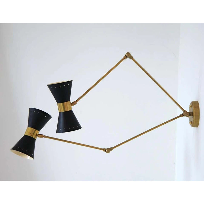 Double Articulated Brass Wall Sconce, Midcentury Style Solid Brass Black Shades Lamp