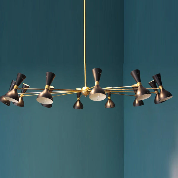 Large Mid Century Italian 24 Light Brass Chandelier With Black Shades