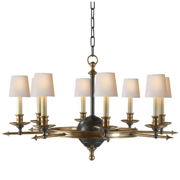 Chapman & Myers Leaf and Arrow Large Chandelier in Bronze with Antique-Burnished Brass Ceiling Light