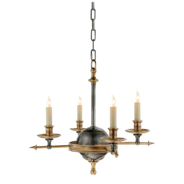Chapman & Myers Leaf and Arrow Small Chandelier in Bronze with Antique-Burnished Brass Ceiling Light