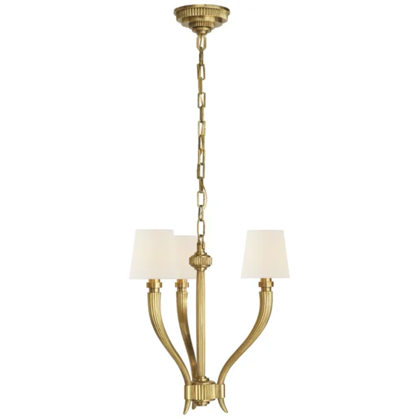 Chapman & Myers Ruhlmann Small Chandelier in Antique-Burnished Brass with Linen Shades Ceiling