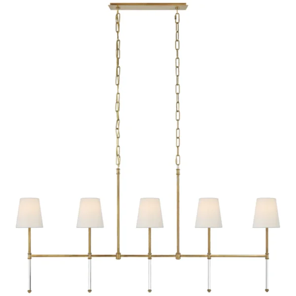 Suzanne Kasler Camille Medium Linear Chandelier in Hand-Rubbed Antique Brass with Linen Shades Ceiling Light