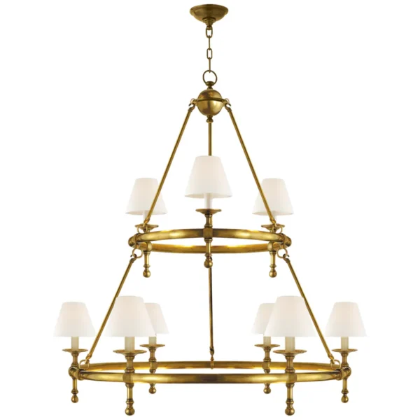 Chapman & Myers Classic Two-Tier Ring Chandelier in Hand-Rubbed Antique Brass with Linen Shades Ceiling Light