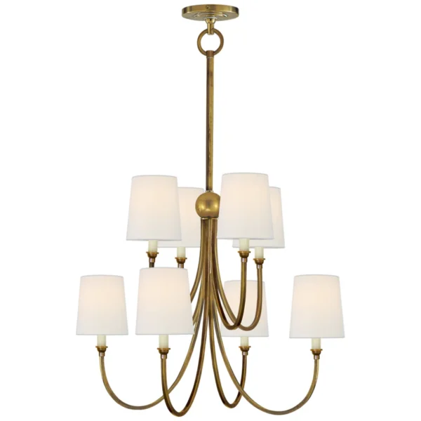Thomas O'Brien Reed Large Chandelier in Hand-Rubbed Antique Brass with Linen Shades Ceiling Light W26.5"