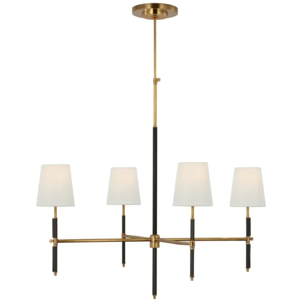 Thomas O'Brien Bryant Large Wrapped Chandelier in Hand-Rubbed Antique Brass and Chocolate Leather with Linen Shades Ceiling Light W36"